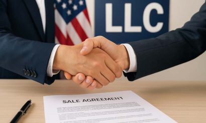 Poignée de mains entre le vendeur et l'acheteur d'une LLC aux USA.